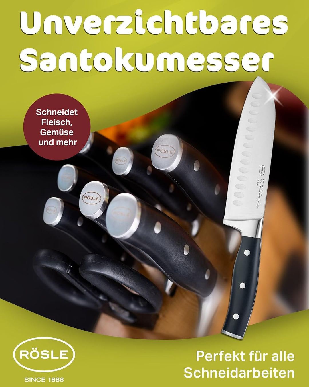 RÖSLE Santokumesser Tradition, Hochwertiges Küchenmesser mit Kullenschliff zum feinen Schneiden von