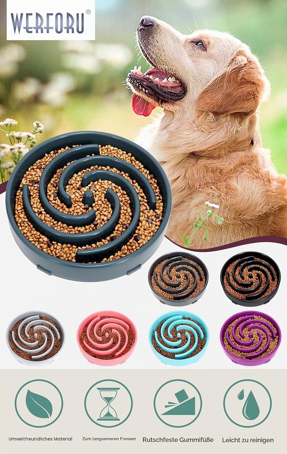 WERFORU Langsame Fütterung Hundenapf, Anti Schling Interaktiver Hundefutternapf, Tinte Blau, Blau