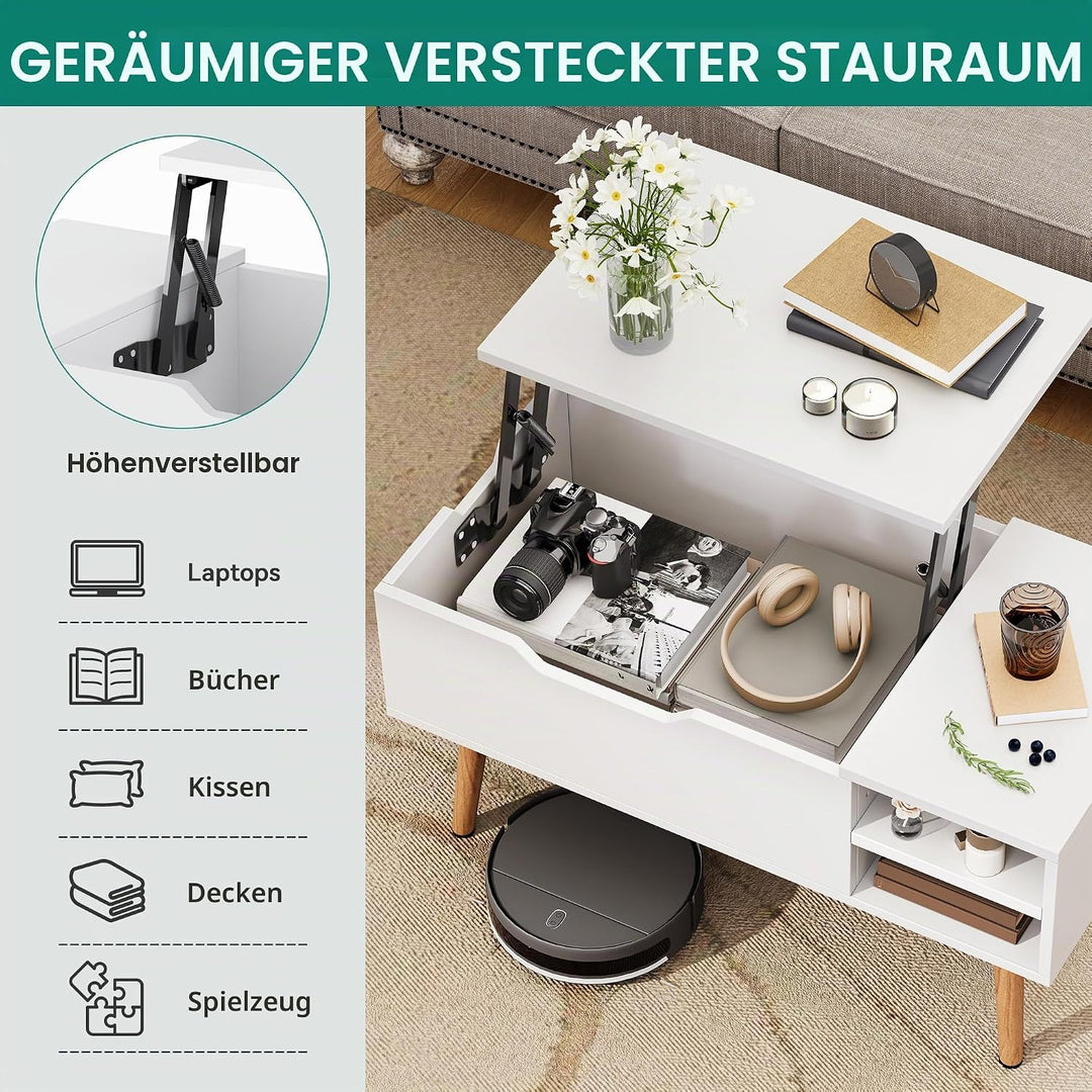 YITAHOME Couchtisch mit Anhebbarer Platte und Verstecktem Fach, verstellbare Ablagefläche, Federhebe