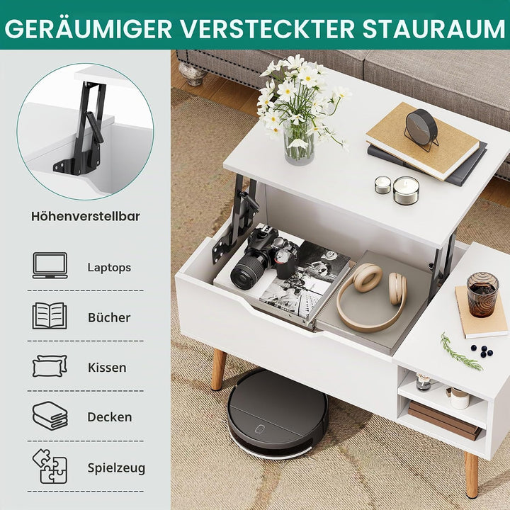 YITAHOME Couchtisch mit Anhebbarer Platte und Verstecktem Fach, verstellbare Ablagefläche, Federhebe