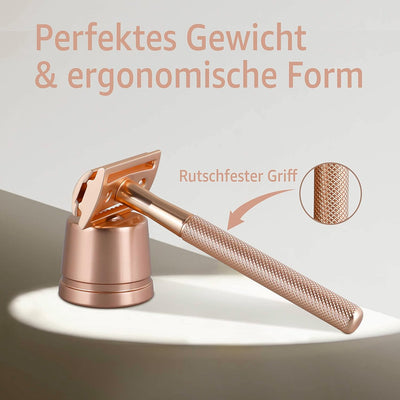 ANYMALE® Rasierhobel Rosegold Edition - Damen Set mit Ständer und 5 ASTRA Klingen - Plastikfreier Ra