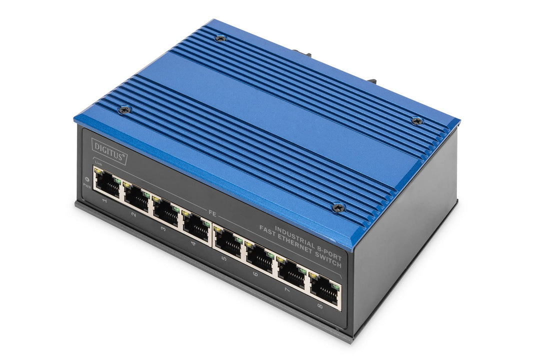 DIGITUS Netzwerk-Switch - 8-Port Fast Ethernet - DIN-Rail Montage - Klemmleiste - Lüfterlos - Schwar