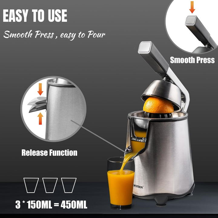 Bestron elektrische Saftpresse, Orangenpresse mit Auslauf-Stopp Funktion & edelstahl Fruchtfleischsi