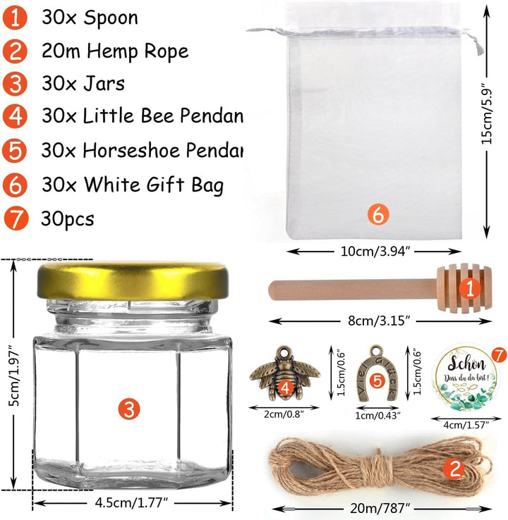 MAOOY 30 Stück Hexagon Mini Glas Honiggläser 45ml Honigglas Mit Honiglöffel Honig Kleine Gläser Gold