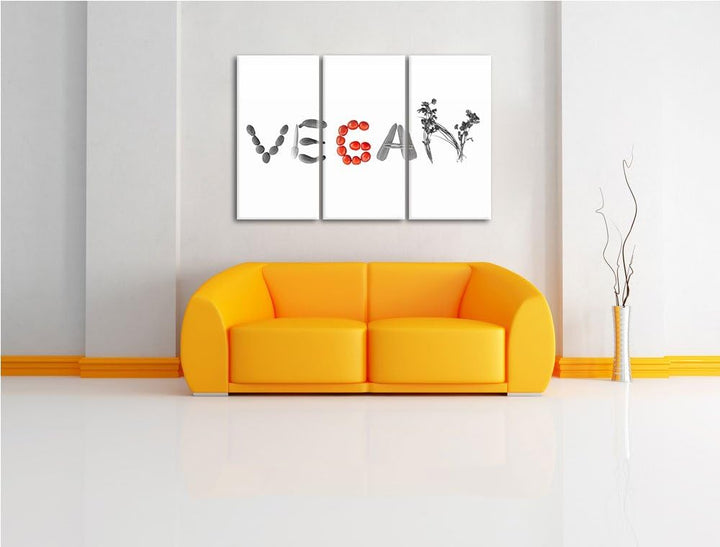 Schriftzug Vegan Gemüse schwarz/weiss 3-Teiler Leinwandbild 120x80 Bild auf Leinwand, XXL riesige Bi