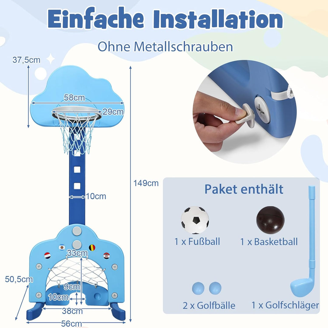 DREAMADE Mini Basketballkorb Kinder, 77-116 cm höhenverstellbarer Basketballständer mit Fussballkorb