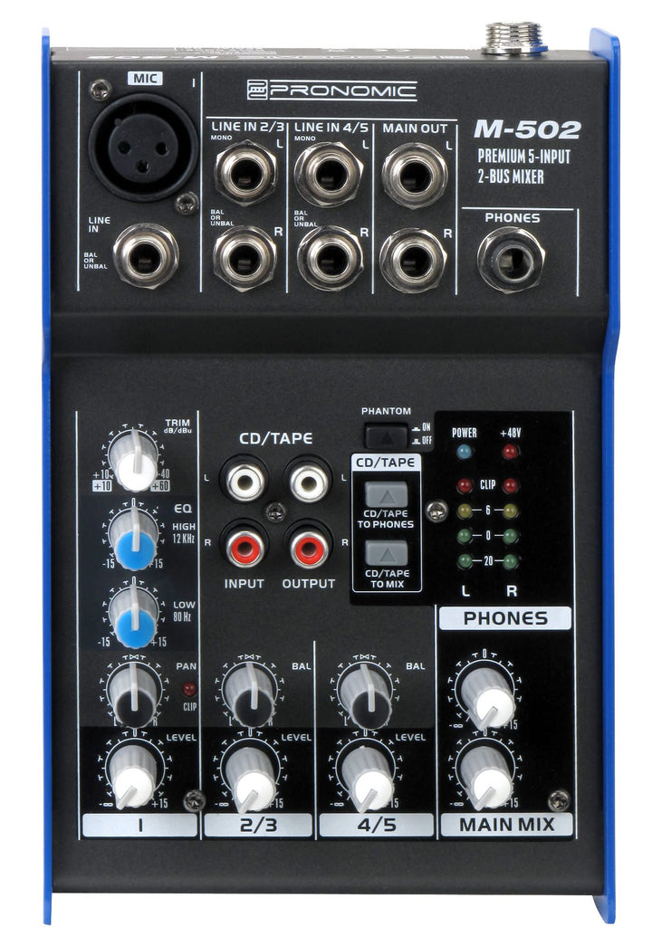 Pronomic M-502 Live/Studio Mischpult (1 Mono-Kanäle XLR/Klinke, 2-Stereo Kanäle, 3-Band-EQ, 48V Phan