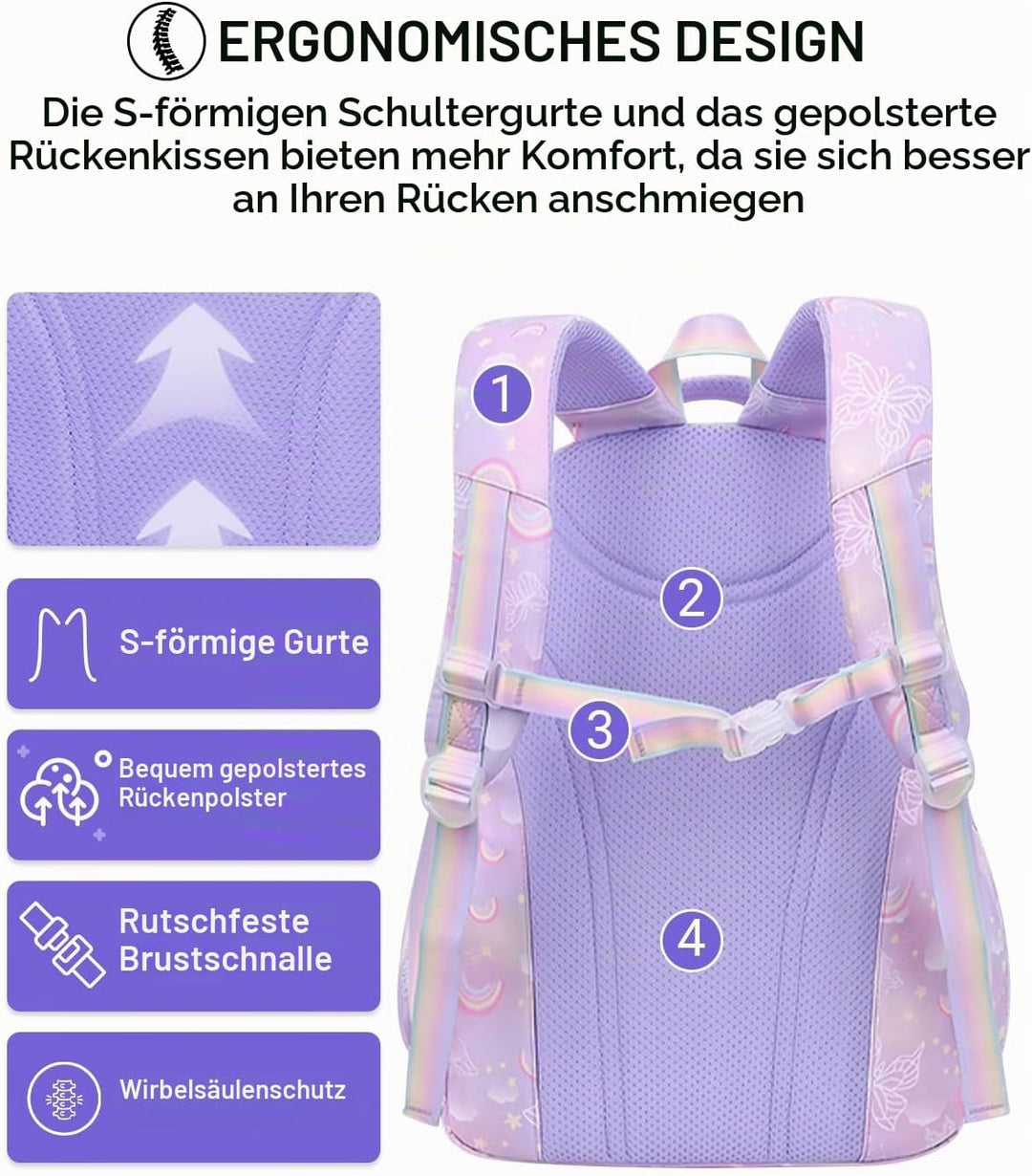 IvyH Kinderrucksack Mädchen Schulrucksack Grosse, Schulranzen Mädchen 2-6. Klasse, Wasserdicht Rucks