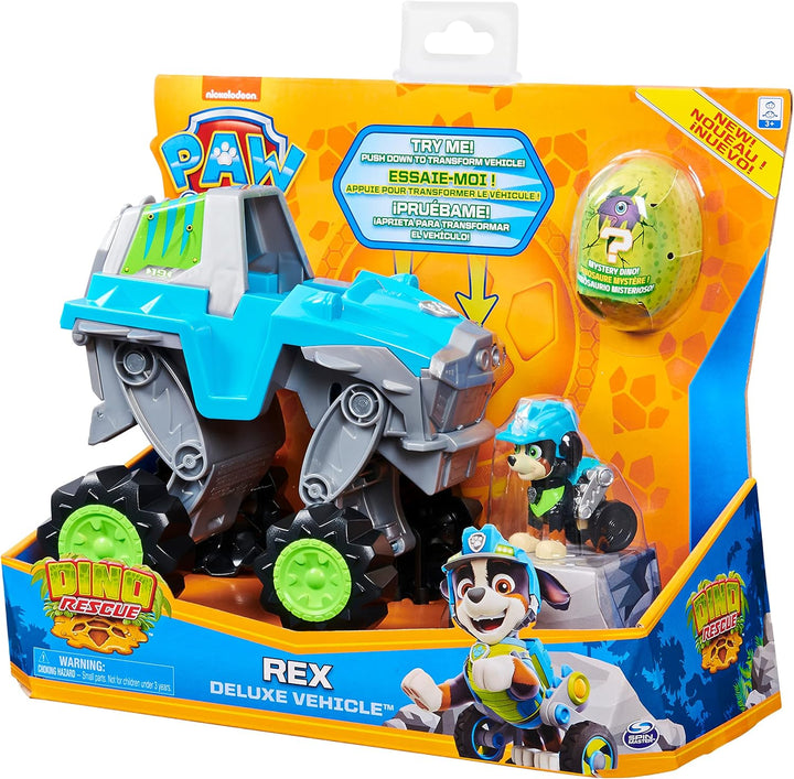 PAW Patrol Dino Rescue Deluxe Fahrzeug von Rex, inklusive Rex-Spielfigur und Überraschungs-Dinosauri