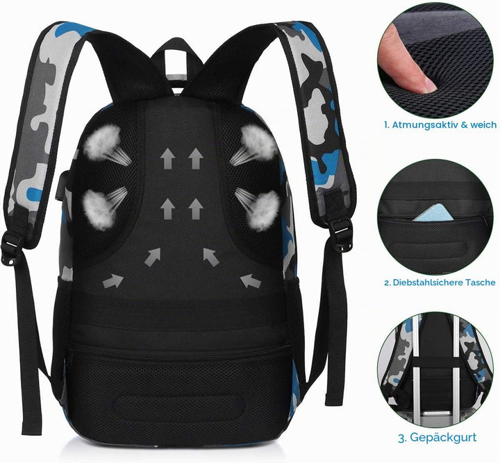 YAMTION Rucksack Jungen Teenager,Schulrucksack mit USB-Ladeanschluss und 15.6 Zoll Laptopfach für Sc