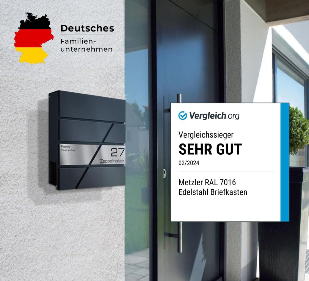 Metzler Wandbriefkasten Modell Zeppelin - Pulverbeschichtetes Matt Anthrazit RAL 7016 | V2A Edelstah