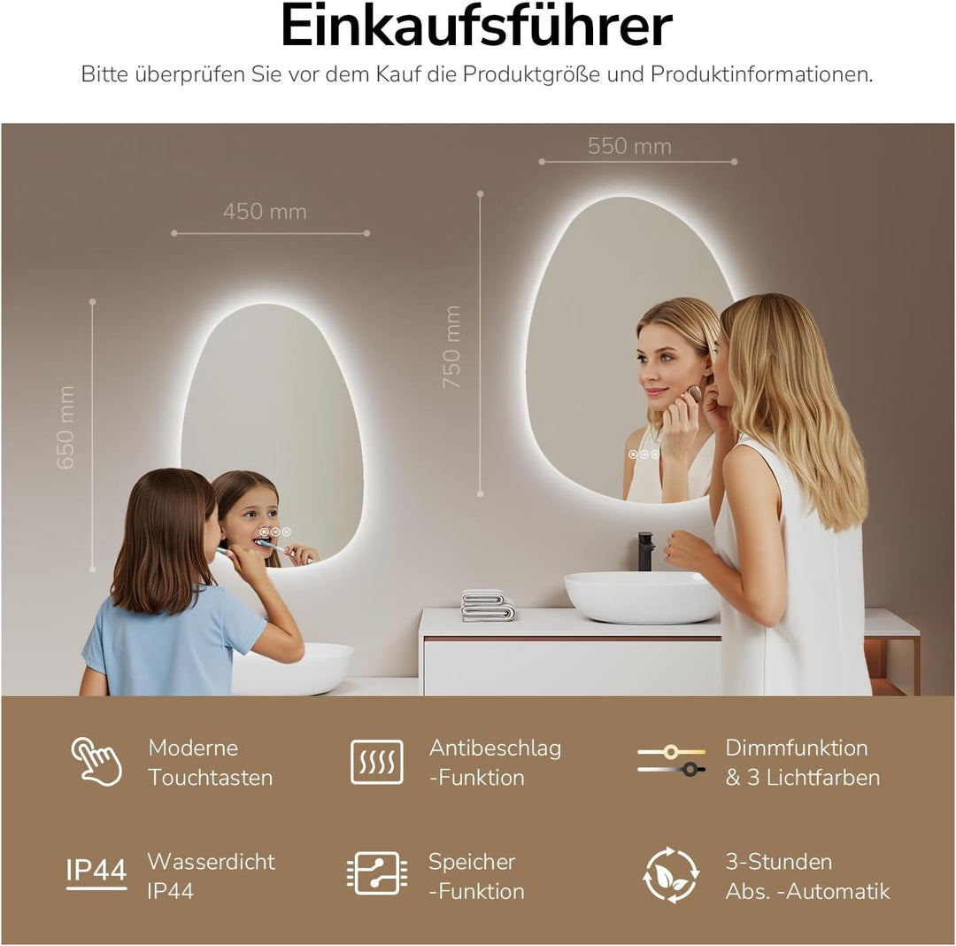 EMKE Spiegel mit Beleuchtung Asymmetrischer LED Badspiegel 75 x 55 cm Touch-Schalter, 3 Lichtfarben