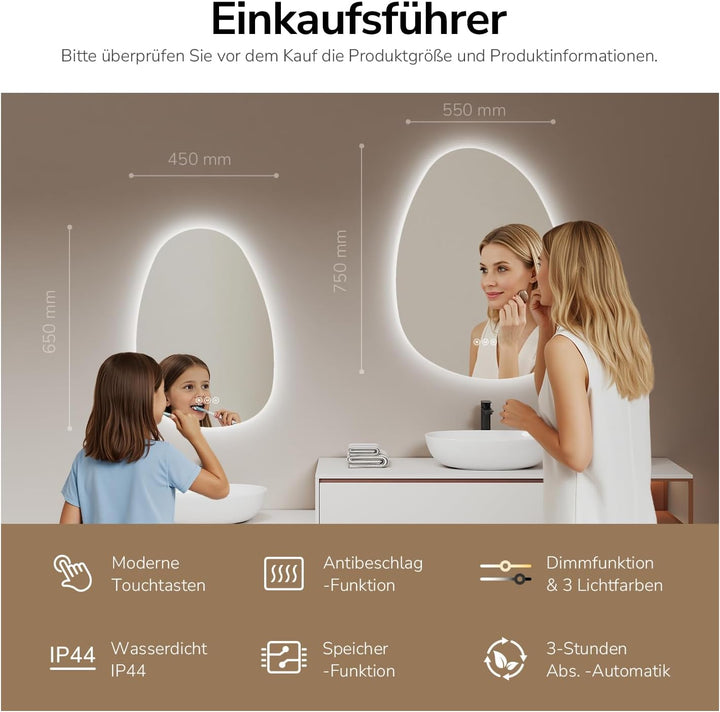 EMKE Spiegel mit Beleuchtung Asymmetrischer LED Badspiegel 75 x 55 cm Touch-Schalter, 3 Lichtfarben