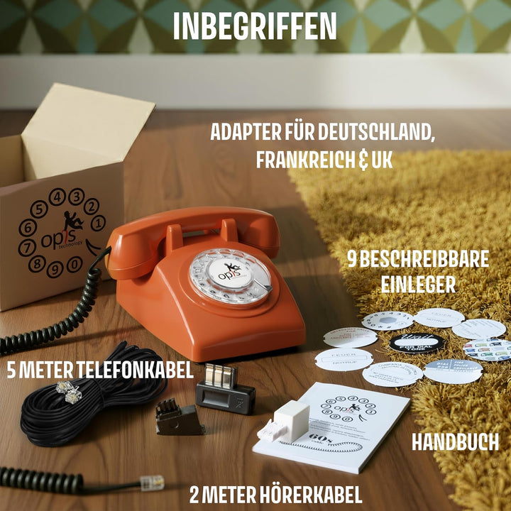 Opis Technology 60s Cable Retro Telefon mit Wählscheibe – Klassisches Festnetztelefon, mechanische M