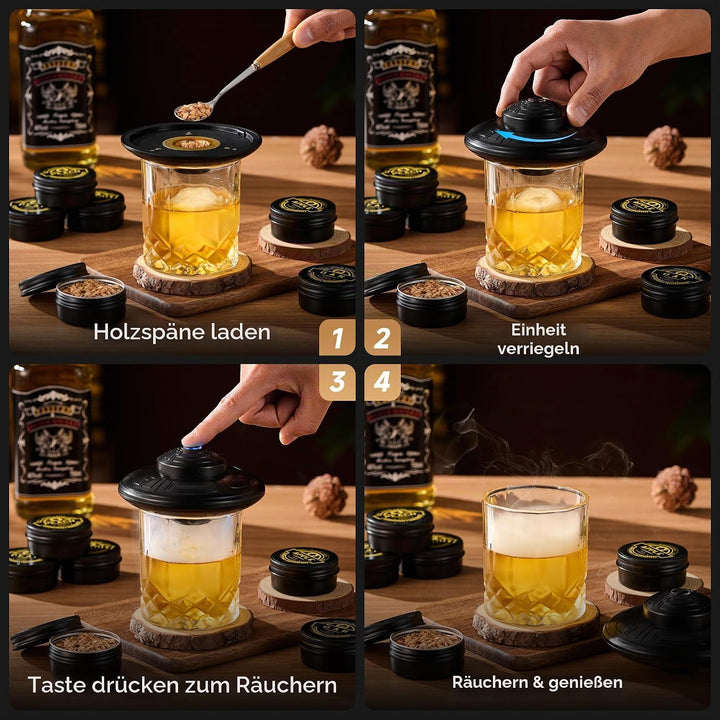 ComboJoy Elektrisches Whisky-Räucherkit mit LED, 6 Aromaholzspäne, Whisky-Glas &amp; Eisform, wiederaufl