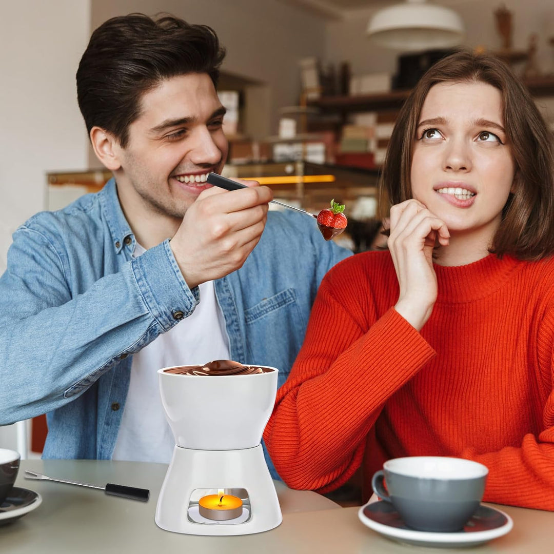 2 Stück Keramik Schokoladenfondue Set mit 8 Gabeln, Reines Weisses Porzellan-Schmelztopf für Schokol