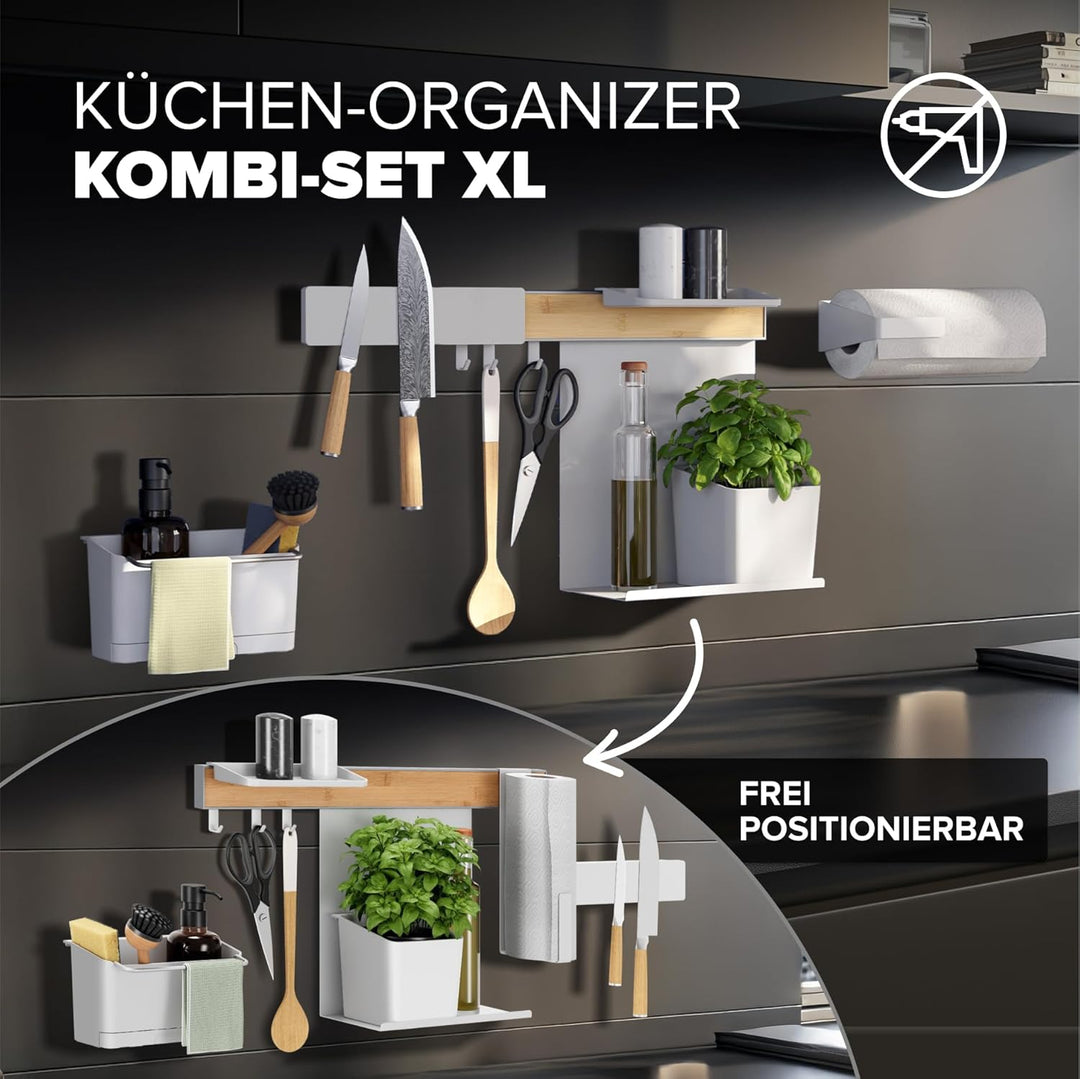 tesa Küchen-Organizer Kombi-Set XL - selbstklebende Küchenleiste, Kräutertopf, 2 Ablagen, Spül-Organ