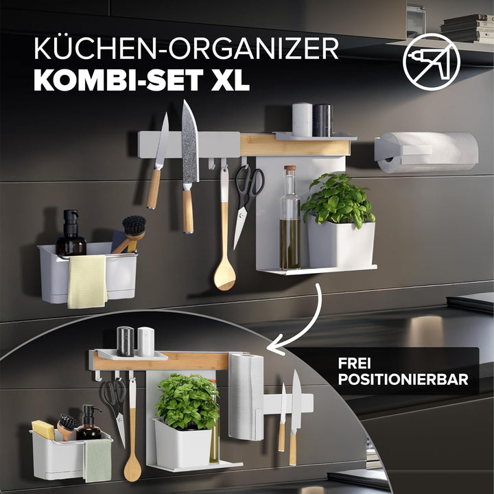 tesa Küchen-Organizer Kombi-Set XL - selbstklebende Küchenleiste, Kräutertopf, 2 Ablagen, Spül-Organ