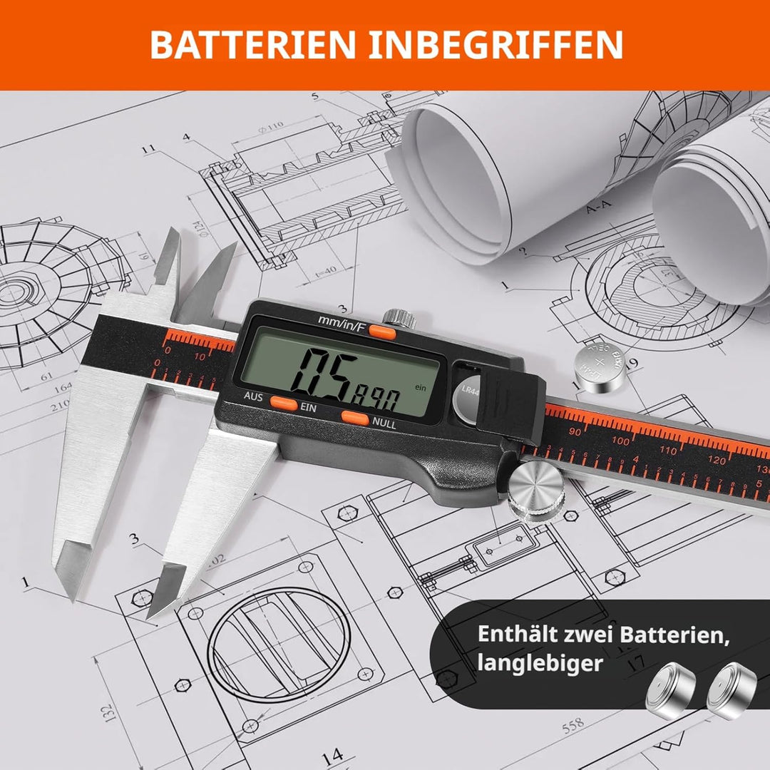 HARDELL Digitaler Messschieber, 0-8 Zoll Messwerkzeug mit grossem LCD-Display, Edelstahl, Auto-Off,
