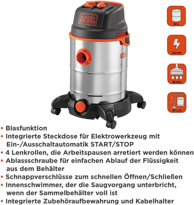 BLACK+DECKER Nass und Trockensauger BXVC30XTDE mit Integrierte Steckdose für Elektrowerkzeug (1600 W