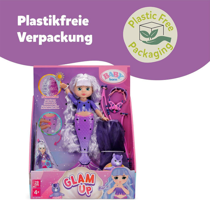Baby Born Glam Up Aura, Meerjungfrau mit Langen blauen Haaren mit UV-Farbeffekt, zum Stylen mit Stof