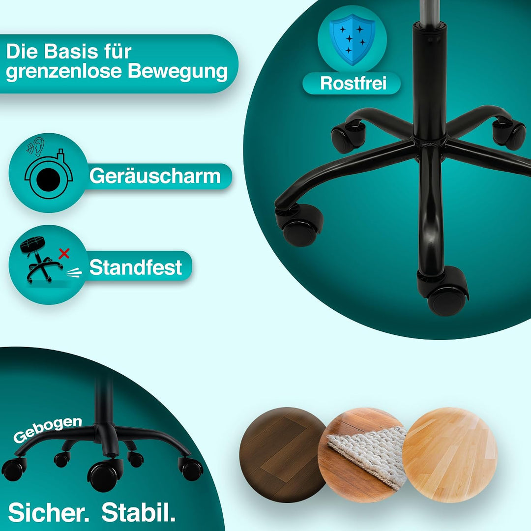 Rollhocker mit Metall-Basis und leisen Softrollen [Neues Modell] – höhenverstellbar, 360° drehbar, k