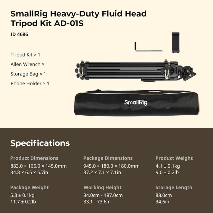 SMALLRIG AD-01S Videostativ, 74" Hochleistungsstativ mit Schwenk- und Neige-Fluidkopf, Dual-Mode-Sch