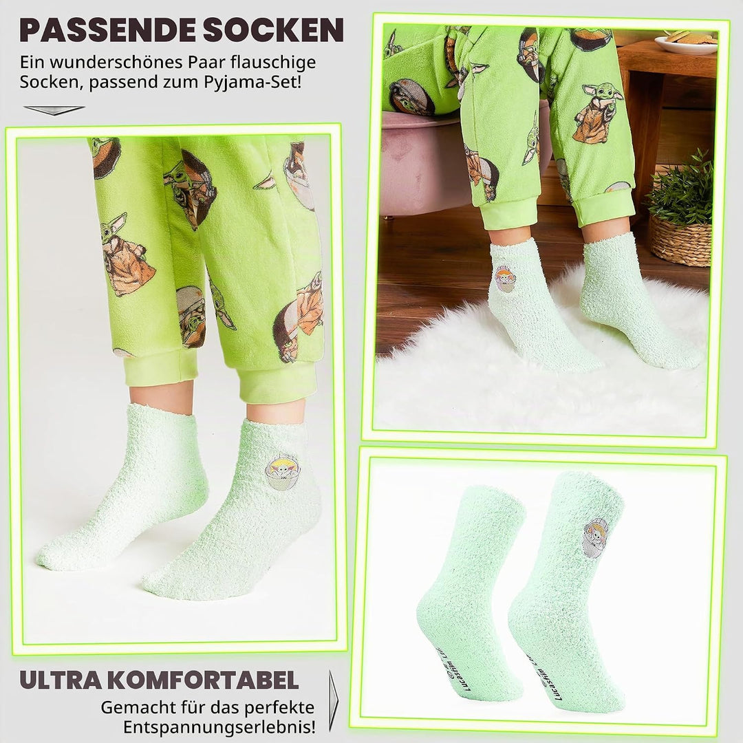 Disney Schlafanzug Damen mit Kuschelsocken Set Charaktere Stitch Geschenke Set S Grün Mandalorian, S
