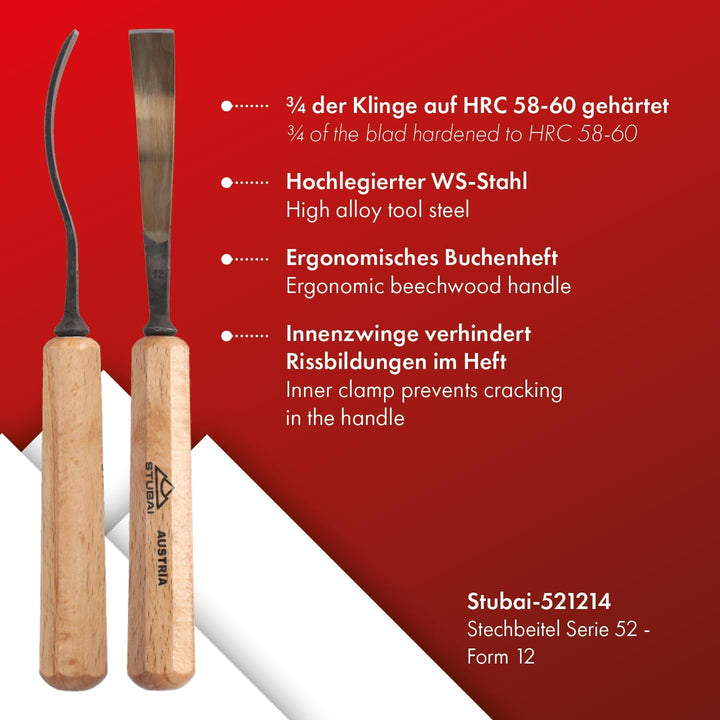 STUBAI Stemmeisen Stechbeitel Serie 52 - Form 12 | Gebogenes Flacheisen 14 mm, mit Holzgriff, zum Vo