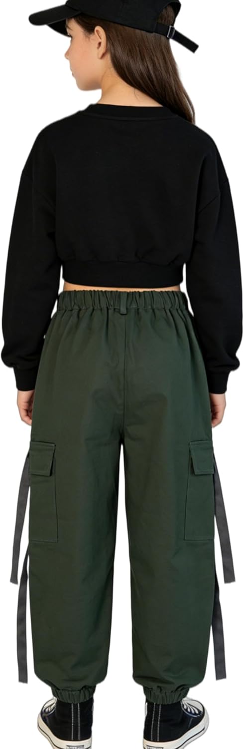 Rolanko Kinder Cargo Hose Elastische Taille Jogger Tanz Hose für Mädchen Streetwear Hip Hop Dunkel G