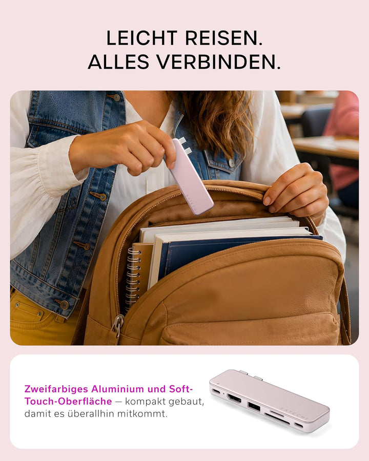 SATECHI USB-C Snap Hub 6-in-2 für MacBook Neo, Rosa | PD 45 W, HDMI 4K@60 Hz, Dual-USB-C Anschluss,