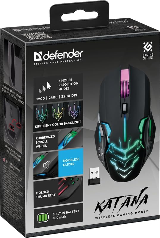 Defender® Katana Kabellose Gaming Maus - Geräuschlose Klicks - 5 programmierbare Tasten - RGB-Beleuc