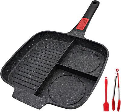 Bobikuke Multi Grillpfanne Induktion mit Abnehmbarer Griff, Steakpfanne 3 in 1 Antihaft Beschichtung