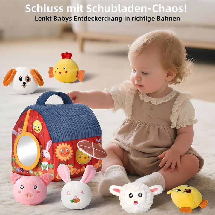 Montessori Baby Spielzeug ab 6 -12 Monate - Weiches Bauernhof-Set mit 6 Tieren, Rassel & Spiegel, Se