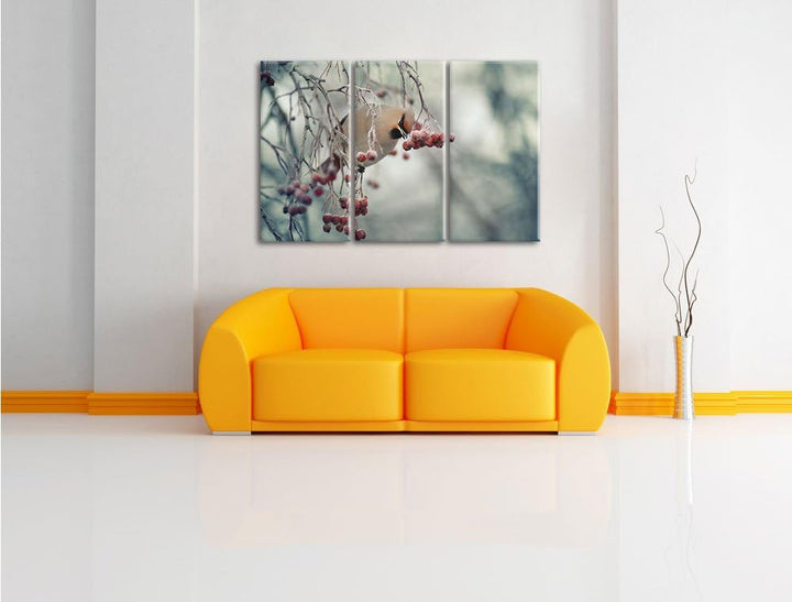 Pixxprint Kleiner Vogel im Vogelbeerbaum als Leinwandbild/Grösse: 3 Teilig (120x80 cm) cm/Wandbild/K