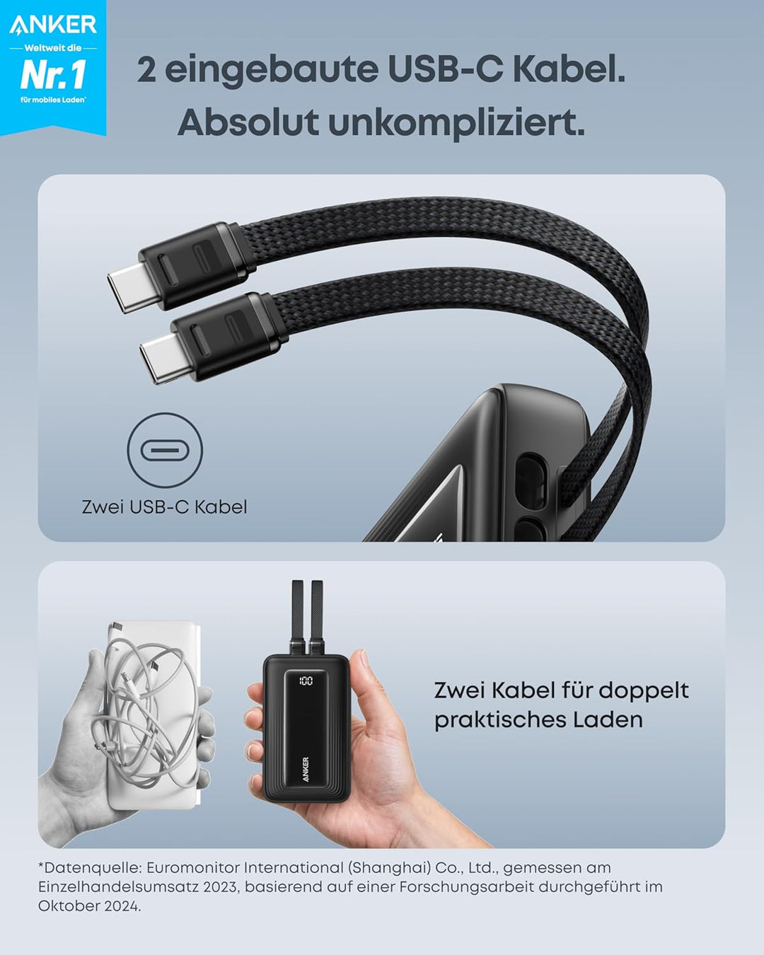 Anker Zolo Power Bank, 10,000 mAh 35 W Max. Portable Fast Charger with Two Integrated USB-C Cables,