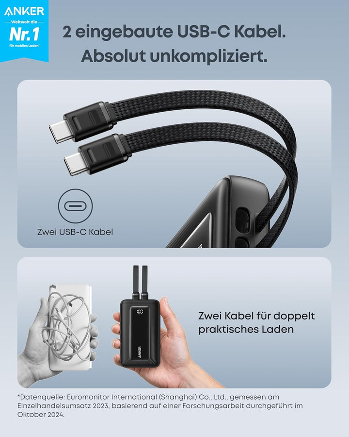 Anker Zolo Power Bank, 10,000 mAh 35 W Max. Portable Fast Charger with Two Integrated USB-C Cables,
