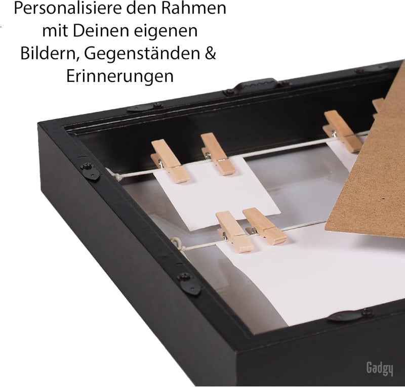 Gadgy 3D Bilderrahmen zum Befüllen 25x25cm | Objektrahmen Schwarz | Fotorahmen mit Klammern | Bilder