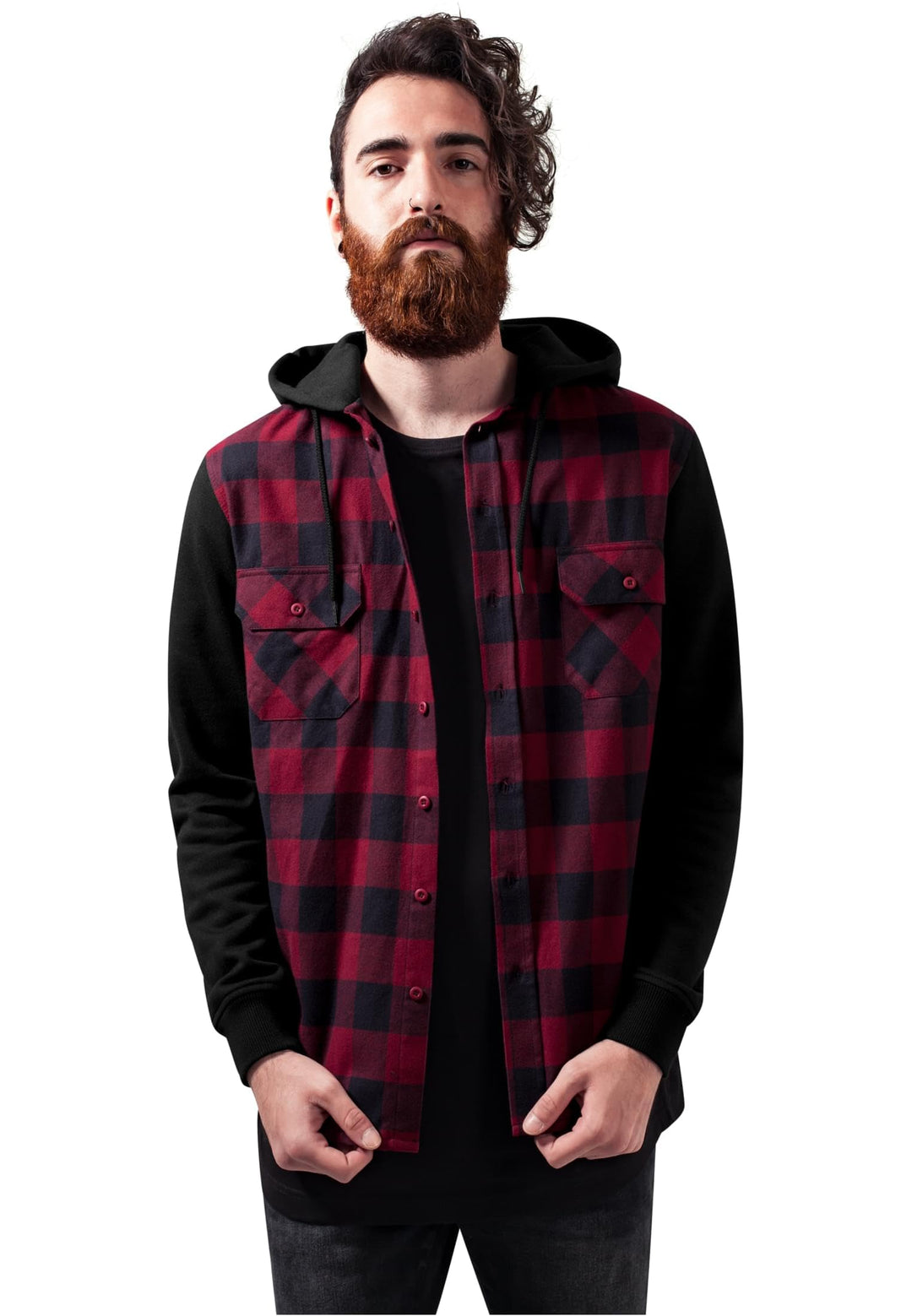 Urban Classics Herren Hooded Checked Flanell Sweat Sleeve Shirt M Blk/Burgundy/Blk, M Blk/Burgundy/B