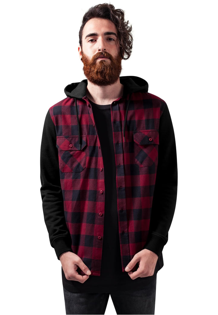 Urban Classics Herren Hooded Checked Flanell Sweat Sleeve Shirt M Blk/Burgundy/Blk, M Blk/Burgundy/B