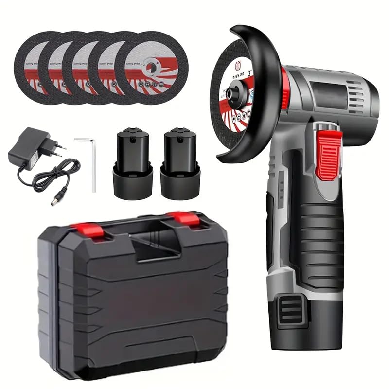 Mini Akku Winkelschleifer 12V, 76mm Bürstenloser Trennschleifer mit 2x 1500mAh Akku & 5 Scheiben, 19
