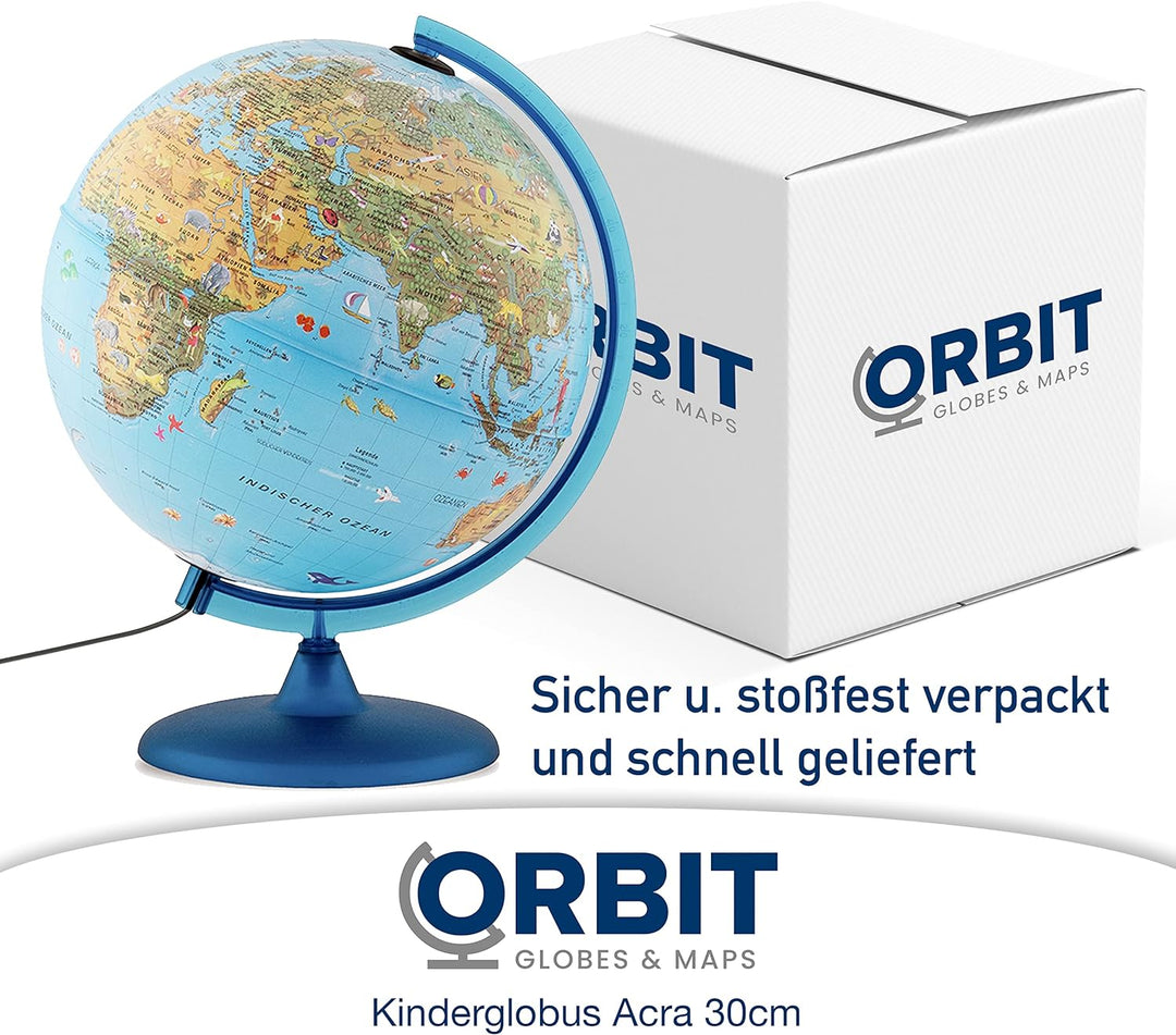 ORBIT GLOBES &amp; MAPS Kinderleuchtglobus 30cm mit Tieren, Kunststoff Fuss, deutsch mit stabilem Hartpl
