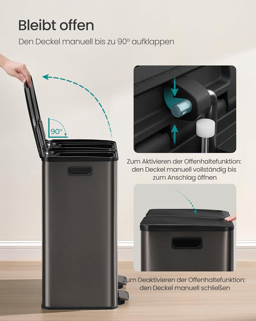 SONGMICS Mülleimer Küche, 2 x 30 Liter, 2 Fächer, Abfalleimer, Tretmülleimer, Küchenmülleimer mit So