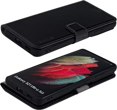 Suncase Book-Style Hülle kompatibel mit Samsung Galaxy S21 Ultra 5G Leder Tasche (Slim-Fit) Lederhül