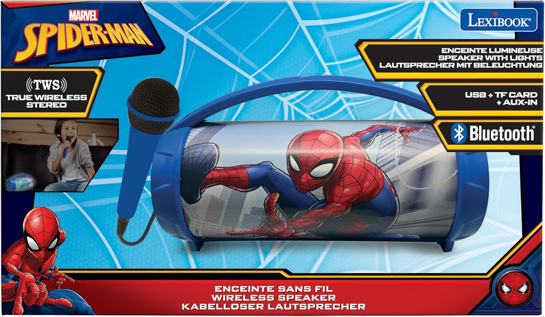 Lexibook, Spider-Man, Kabelloser Lichtlautsprecher mit Mikrofon, Stereosound, Karaoke-Funktion, USB-