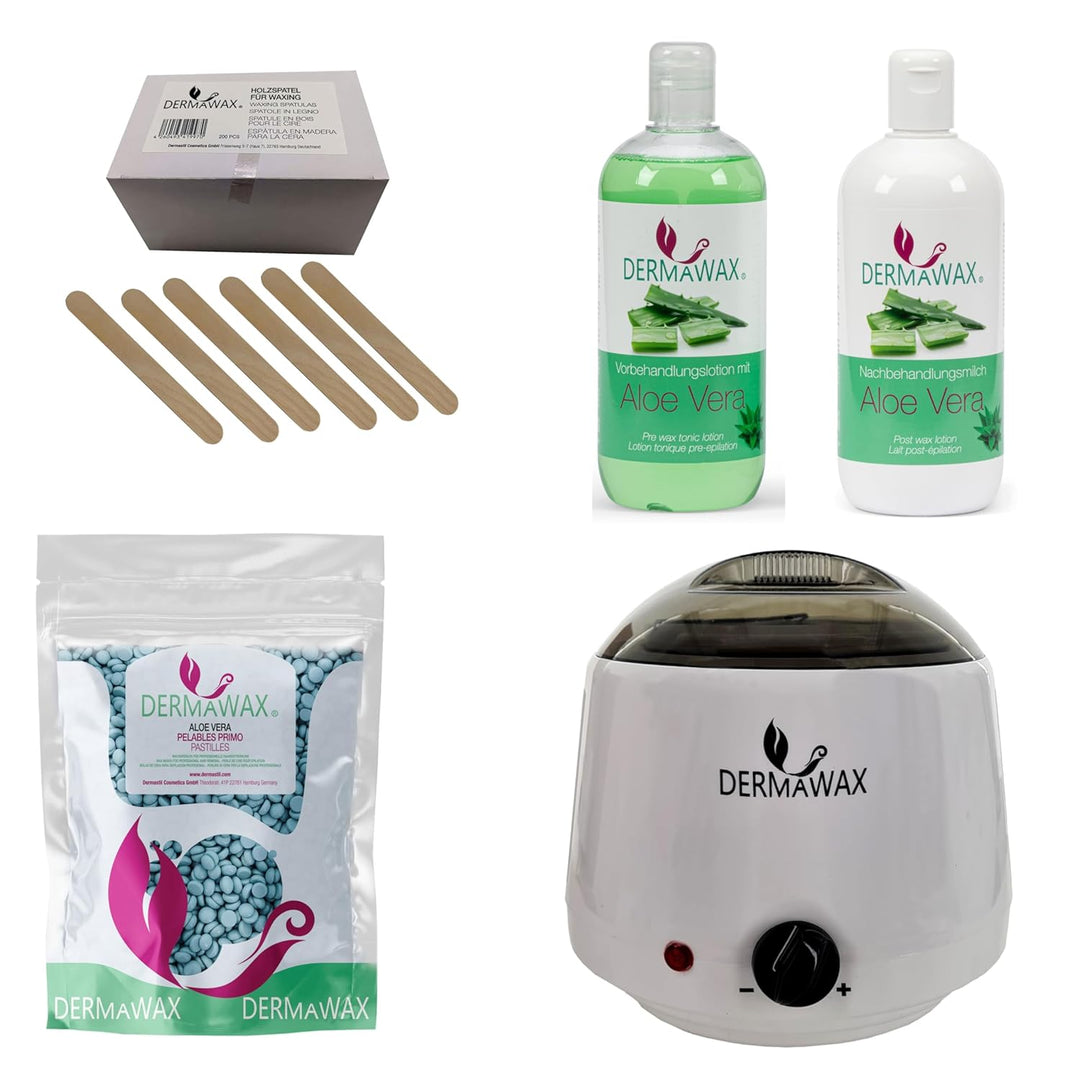Dermawax Profi Waxing Set- 1000 ml Wachsgerät- Made in Spanien- 1 kg Aloe Vera Wachsperlen- 500 ml A
