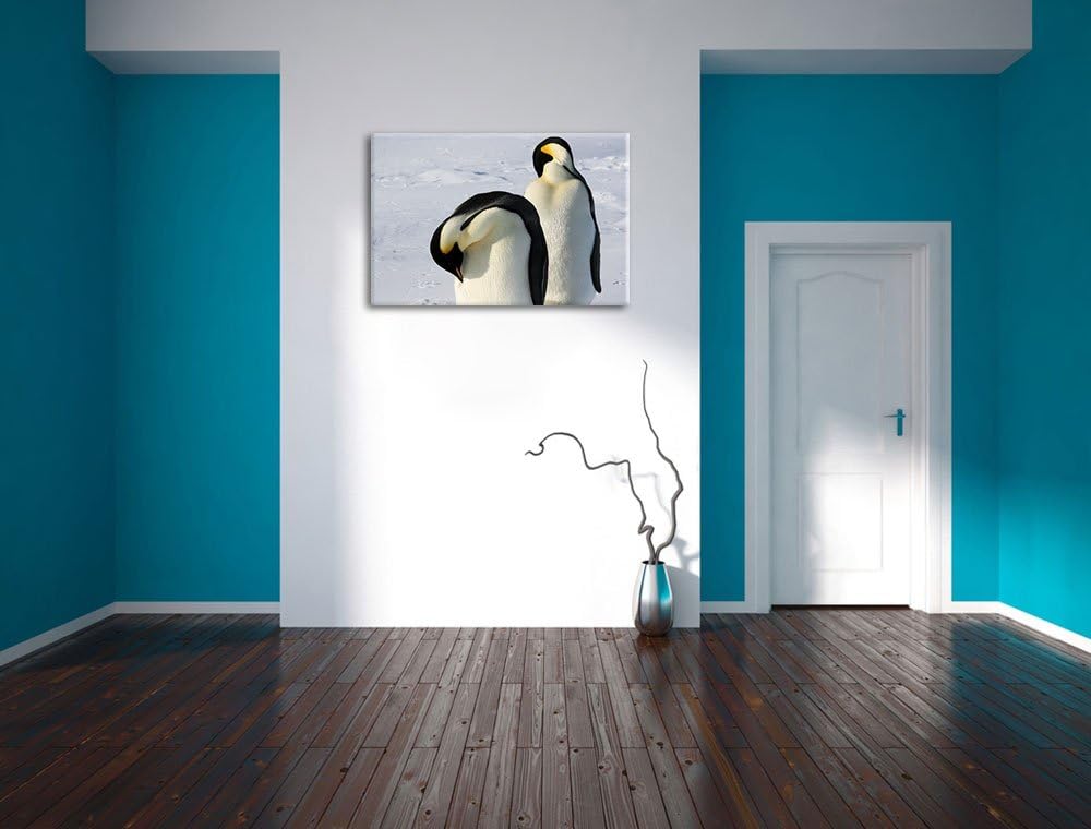 zwei Kaiserpinguine beim Putzen Leinwand, XXL riesige Bilder fertig gerahmt mit Keilrahmen, Kunstdru