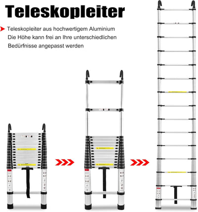 TRMLBE Teleskopleiter mit 2 Abnehmbarem Haken 4,4m Ausziehleiter Leiter Ausziehbar Aluminium Anti-Ru