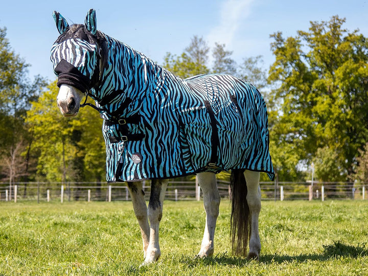 HKM Zebra Aqua Fliegendecke mit Halsteil, Aqua/Schwarz, 125 Grösse