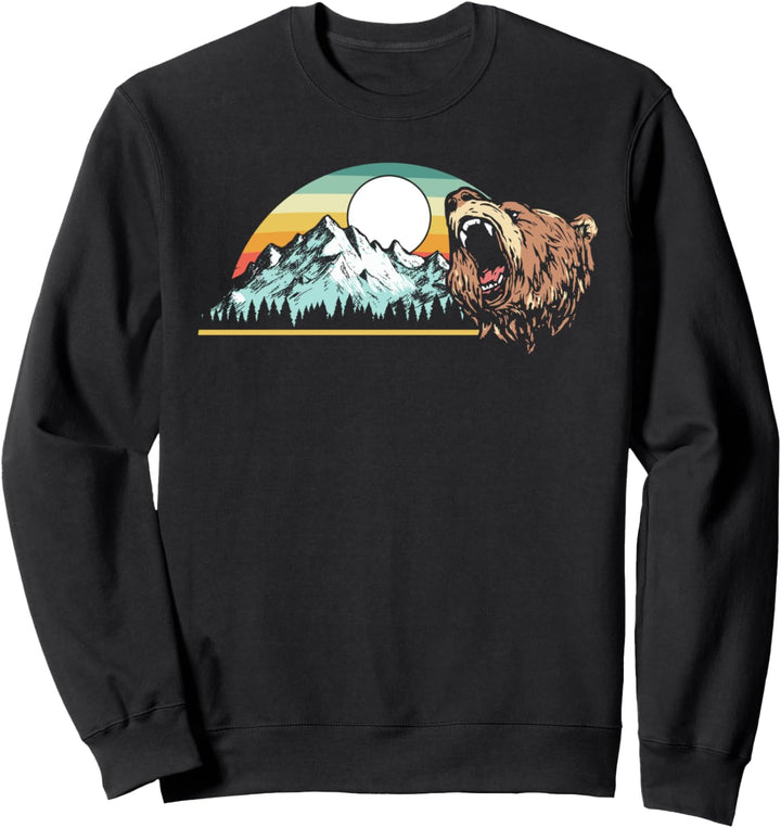 Retro Roaring Grizzly Bear 80's Style Mountains Graphic Sweatshirt